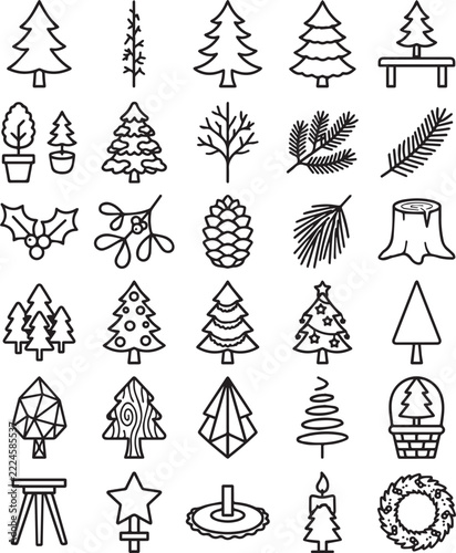 A collection of line art illustrations depicts various coniferous trees foliage and seasonal decorations evergreen fir spruce pine branch leaf holly pinecone twig stem woodland