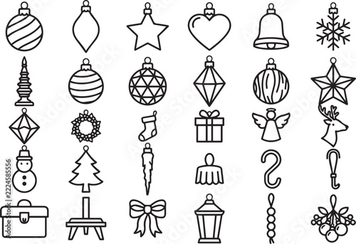 Collection of christmas ornaments and seasonal decorations depicted as black line icons on a white background holiday icon vector graphic snowflake star heart bell stocking