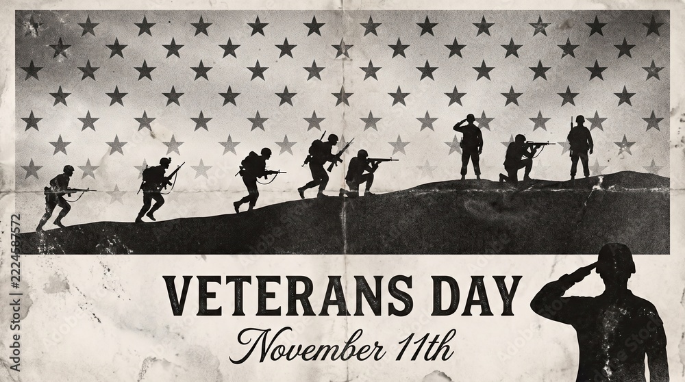 Naklejka premium Honoring veterans day with silhouettes of soldiers and a starry sky background