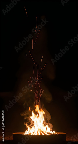 A vibrant bonfire with sparks ascending into the night sky