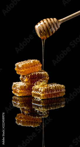 Honeycomb drizzling over golden-brown baked goods on a reflective surface