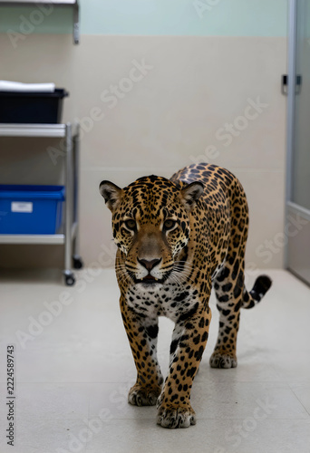 Wildlife conservation and animal rescue, jaguar walking in a veterinary clinic or zoo medical facility for health checkup and medical examination