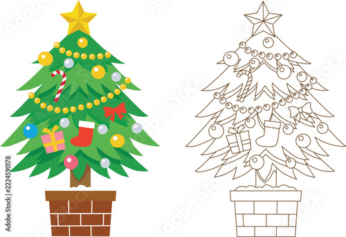  Christmas Tree Coloring Page with Star, Ornaments and Presents, Line Art, Cristmas Tree Coloring Page