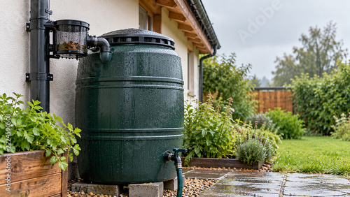 Residential Rainwater Collection Barrel Connected to a Roof Drainpipe