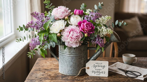 Beautiful Spring Flowers in Galvanized Watering Can with Hello Spring Happy Mothers Day Tag