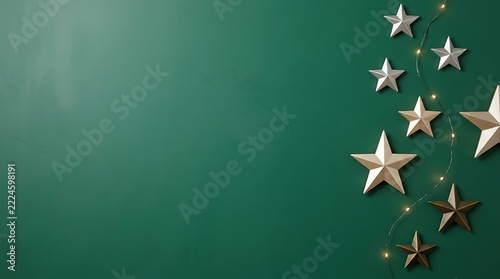 Christmas star ornaments arranged on dark green background with ornament decoration celebration december tradition greeting backdrop composition