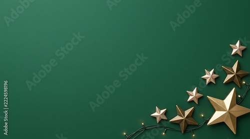 Golden christmas stars arranged neatly on a dark green background with decoration celebration ornament metallic lustrous overhead backdrop seasonal