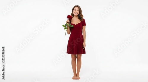Beautiful Woman in Red Dress Holding a Red Rose with a Smile Studio Portrait