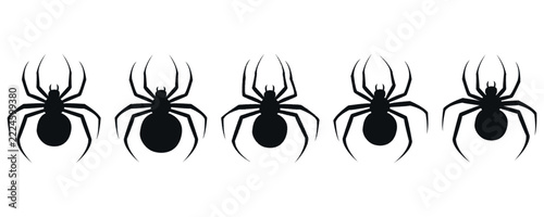 Spider silhouette set. Halloween scary spider logo icon decoration. Arachnid, widow, tarantula spider. Vector black spider isolated on white background.