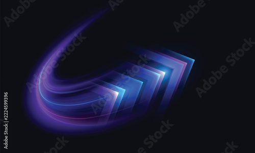 Abstract neon speed lines with glowing blue, cyan, and purple geometric arrows on a dark background, creating a futuristic motion effect for technology and digital designs. Vector EPS10.