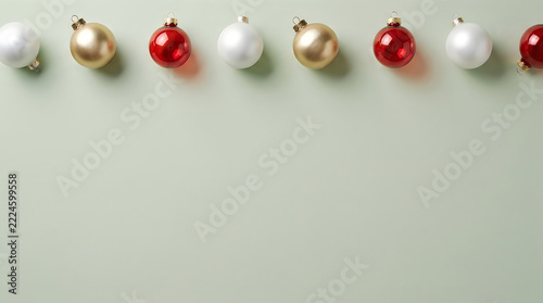 Colorful christmas ornaments arranged in a neat row on a surface