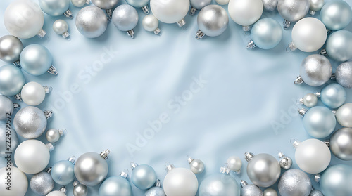 Elegant pearl necklace arrangement on light blue silk background