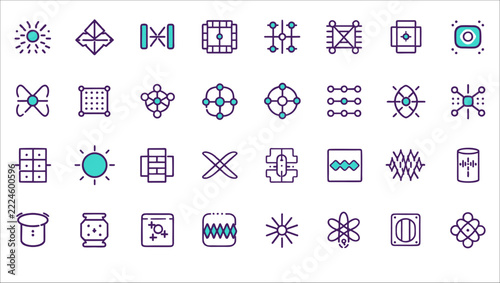 Quantum Computing Scientific Line Icon Set with Qubits and Quantum Technology Symbols