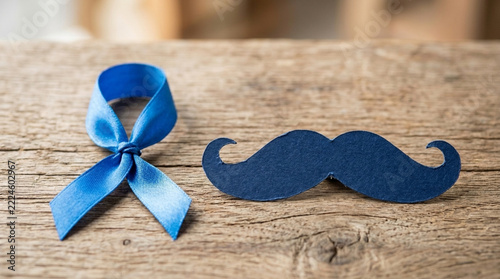 Blue ribbon and mustache for mens health awareness prostate cancer support wooden background