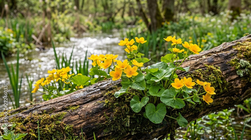 Bright yellow marsh marigolds bloom on moss covered log in lush forest stream vibrant spring nature scene