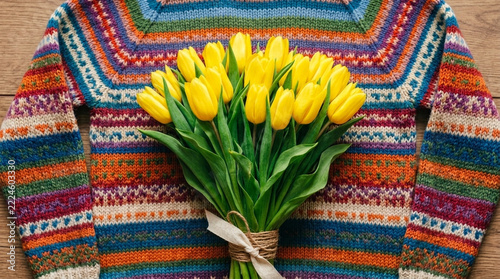 Bright Yellow Tulips Bouquet on Colorful Knitted Sweater Background Spring Flowers Gift