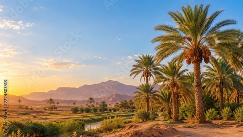 Sunset over Moroccan palm oasis with Atlas mountains and river