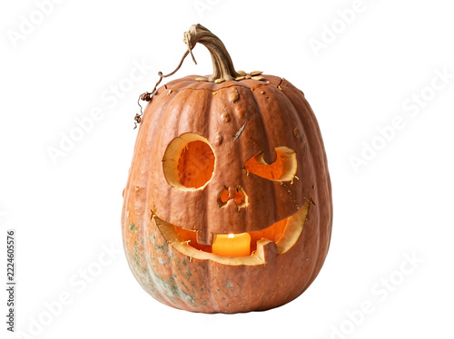 Jack O Lantern PNG Transparent Background, Glowing Carved Heirloom Pumpkin Isolated Cutout for Halloween, Fall and Spooky Design
