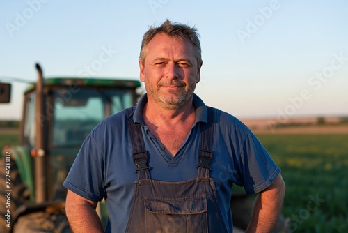 Tractor operator standing confidently beside agricultural machine in field