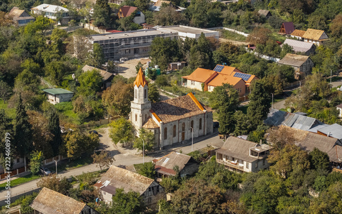 Aerial View of Historic German Lutheran Church in Asureti Village of Georgia