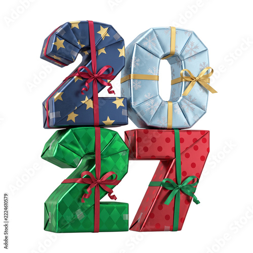 Festive Wrapped Present 2027 Numbers with Bows for Holiday Gifts