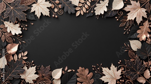 Elegant Autumn Border Frame Made Of Metallic Copper And Black Leaves On Dark Background
