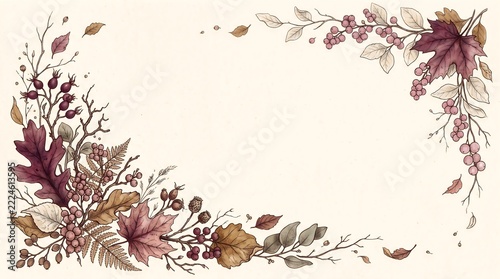 Hand drawn botanical illustration of autumn leaves and berries forming a decorative corner frame border