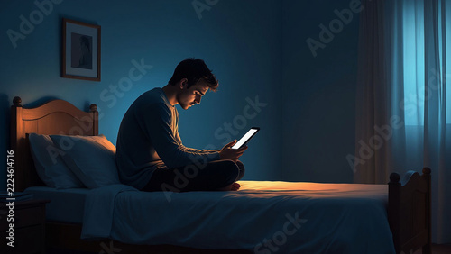 Lonely man sitting on bed at night looking at a glowing tablet screen.