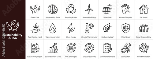 sustainability and esg minimalist outline vector icon set illustrating renewable energy, carbon footprint, circular economy, eco investment, and green compliance for digital app interface