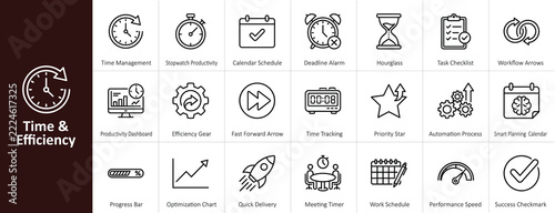 time and efficiency minimalist outline vector icon set illustrating workflow automation, productivity tracking, smart calendar schedule, and quick task management for digital app interface