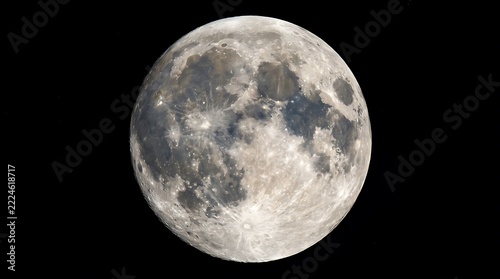 Full moon portrait detailed surface craters isolated against black background