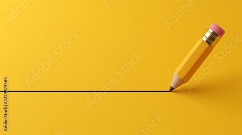 Yellow pencil drawing a single black line on a bright yellow background