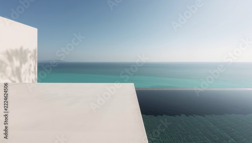 Minimalist Luxury Infinity Pool Overlooking Turquoise Ocean with Modern White Architecture