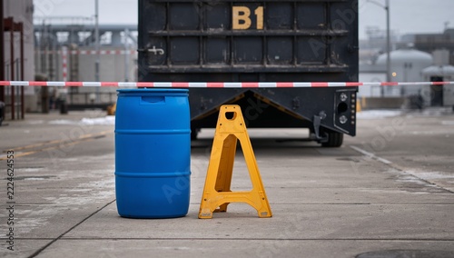 Industrial Safety Zone with Blue Plastic Drum and Yellow Caution Sign