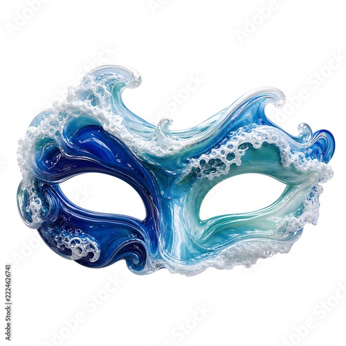 Stunning blue ocean wave glass Venetian masquerade mask with white sea foam and splashing water isolated on white background