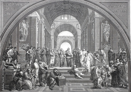 The School of Athens, woodcut after a fresco by the painter Raphael, which he produced from 1510 to 1511 in the Stanza della Segnatura of the Vatican for Pope Julius II, Historical, digitally restored reproduction from a 19th century original, Record date not stated