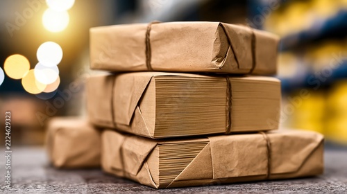 Close up view of paper bundles tightly wrapped in brown kraft paper and tied with string with a blurred warehouse background.