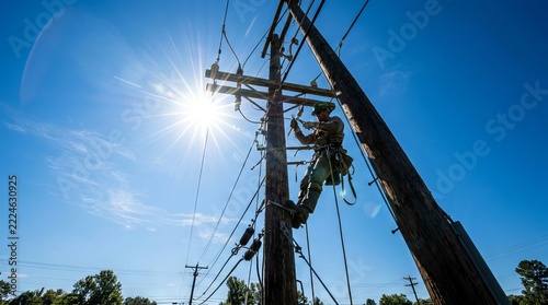 Utility worker repairing power lines on wooden pole during sunny day