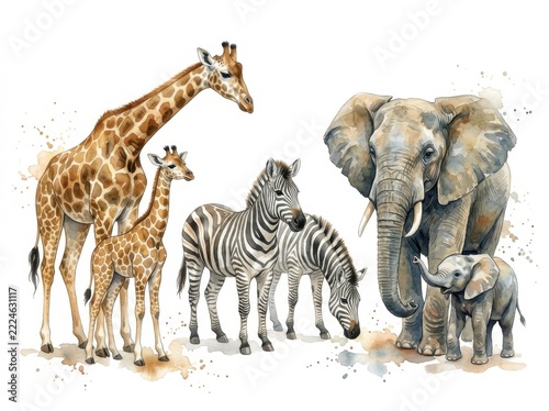 Group of african safari animals with baby giraffe zebra and elephant