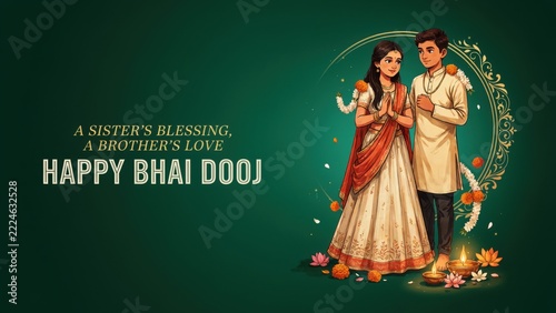 Happy Bhai Dooj celebration illustration with traditional brother and sister blessing in ethnic attire