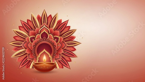 Luminous diwali festival greeting with glowing diya lamp and red floral mandala