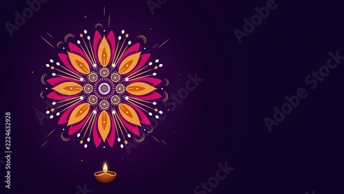 Minimalist vibrant rangoli and single burning diya lamp for happy diwali celebration