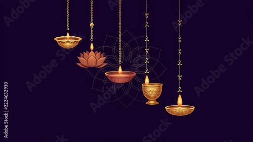 Multiple hanging golden diya lamps with glowing flames against a dark festive background