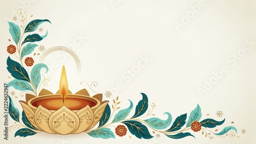 Premium diwali background with golden diya lamp and decorative botanical leaf elements