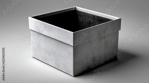 A shadowed, square, open box with a textured exterior on a gray, minimalist backdrop