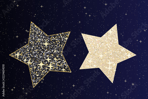 Paired black and golden glitter star shapes floating over dark night sky background texture.