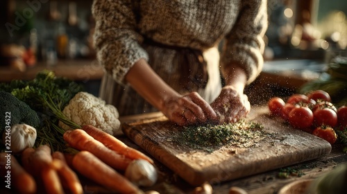 Close-up of a person's hands chopping herbs on a wooden cutting board with fresh vegetables
