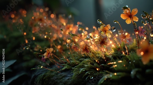 Close-up of delicate orange flowers, water droplets, and moss in a luminous, magical forest