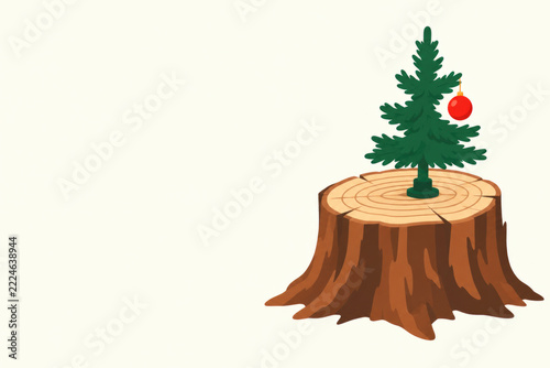 Small Christmas tree standing on top of a cut tree stump. Space for text.