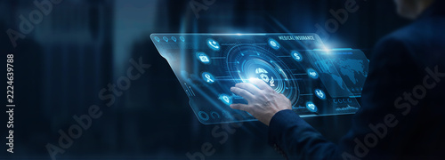 Businessman analyzing Medical Insurance and healthcare claim processing data on digital screen. Health policy coverage, risk assessment analytics, medical claims management, insurance underwriting.